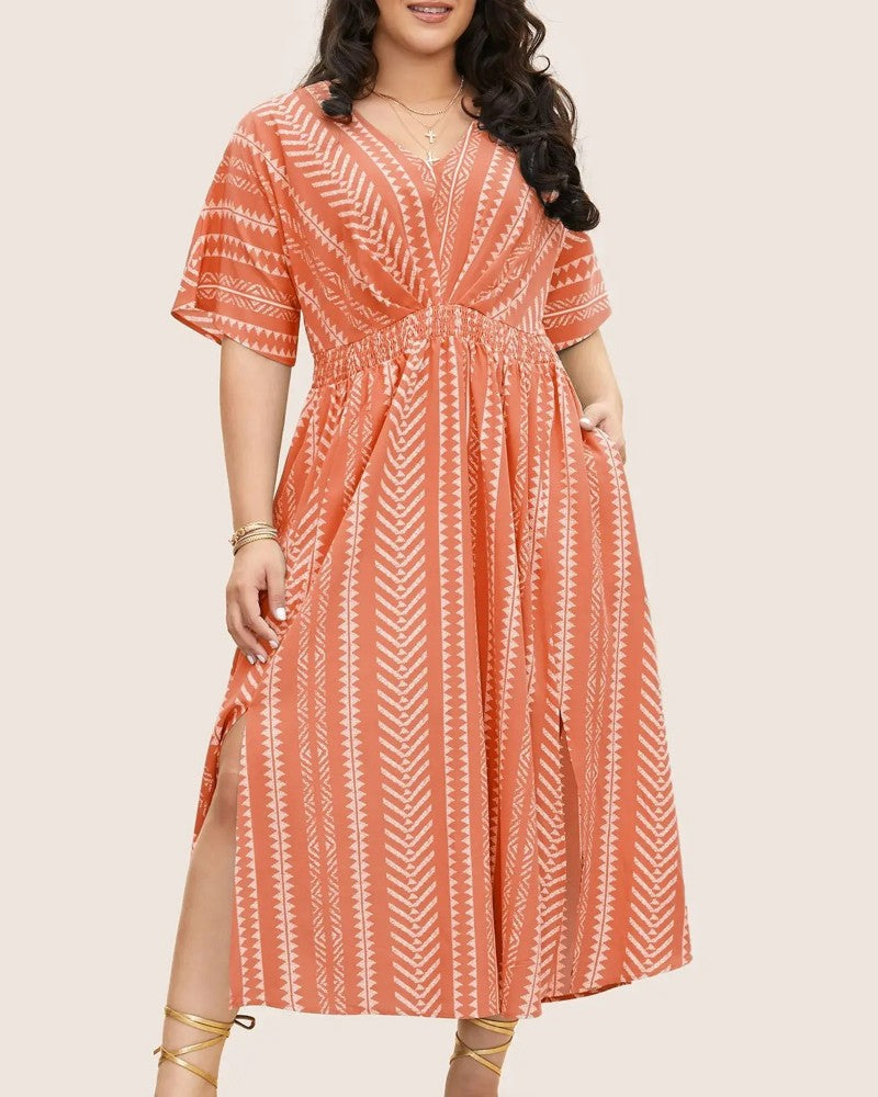Robe Profond V Bleu Blanc Rayure Géométrique Taille