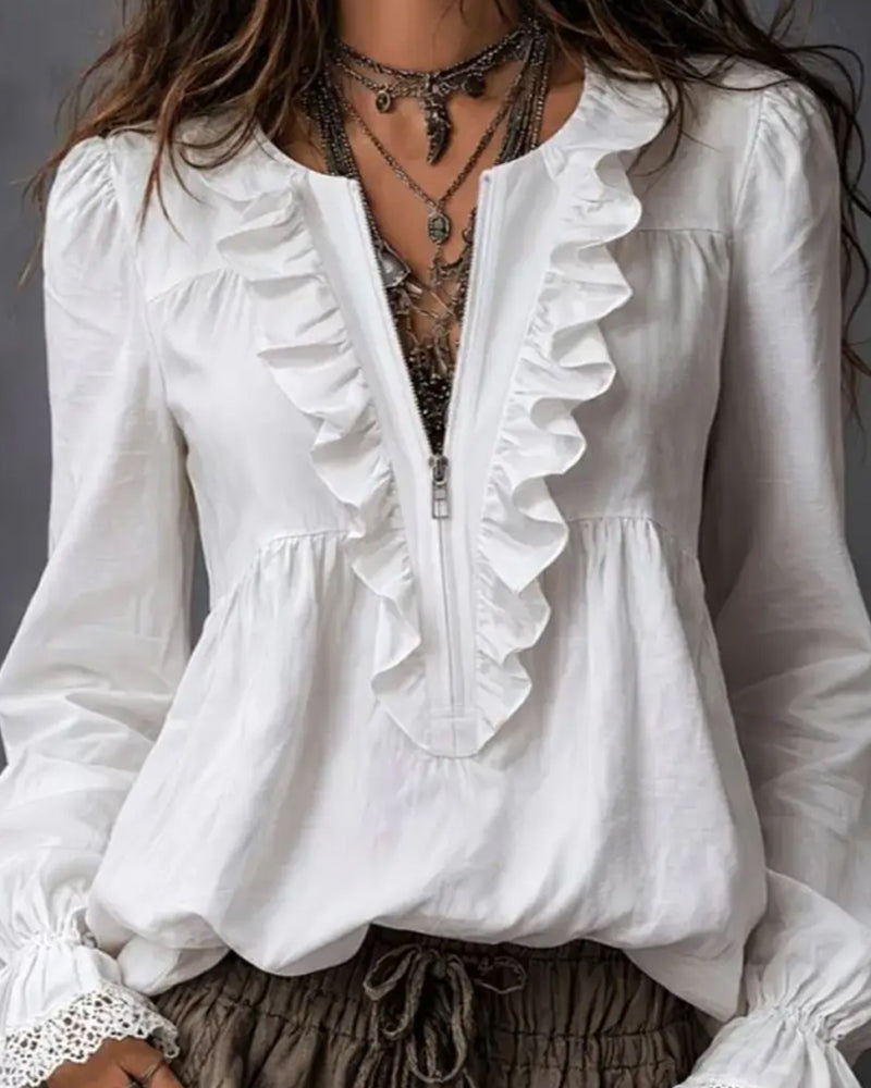 Blouse À Fermeture Éclair Et Manches À Volants