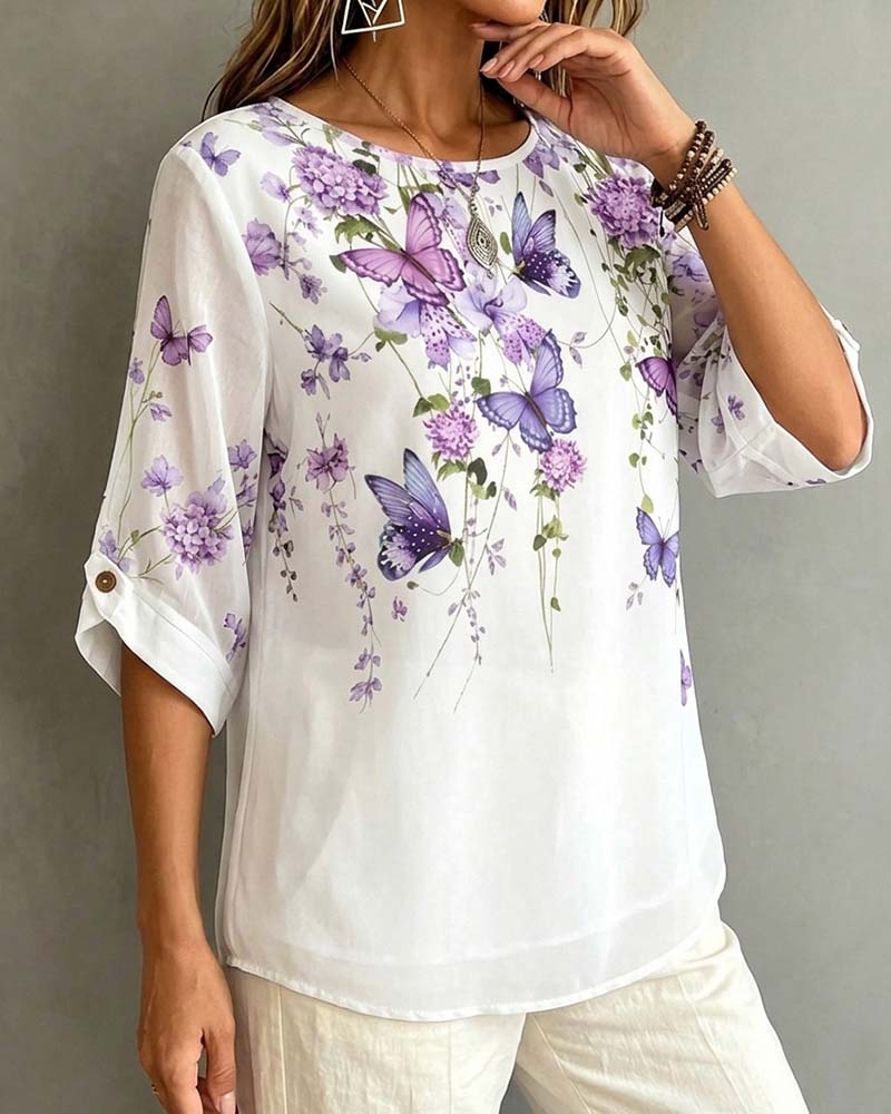 Blouse Col Rond Papillon Florale