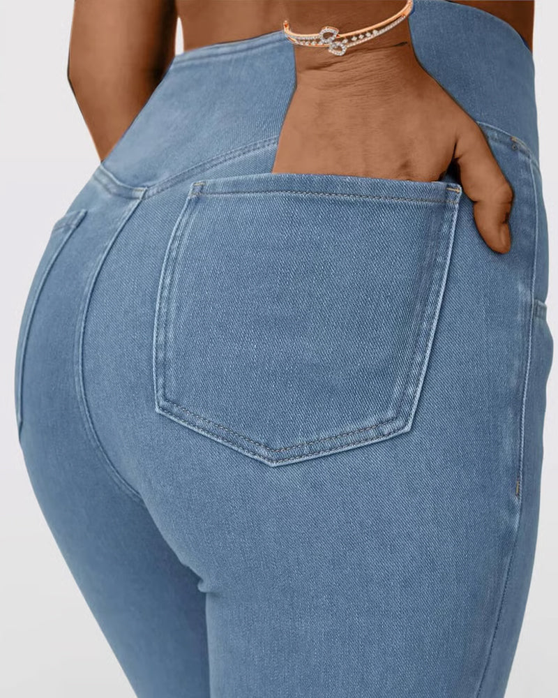 Pantalon Haute Élasticité Mode Poche Évasé