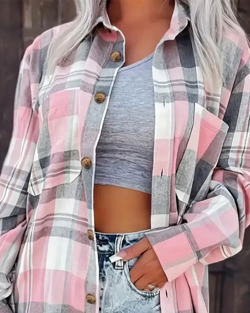 Blouse Écossais Ample Boutonné Chemise