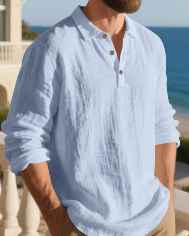 Chemise Homme Légère Coupe Ample Lin Manches Longues Polo