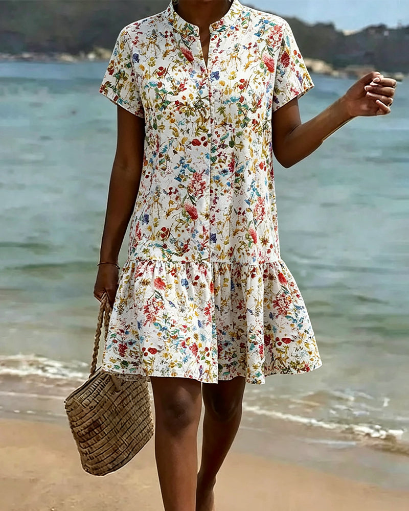 Robe Fleuri Manches Courtes Ourlet Volanté