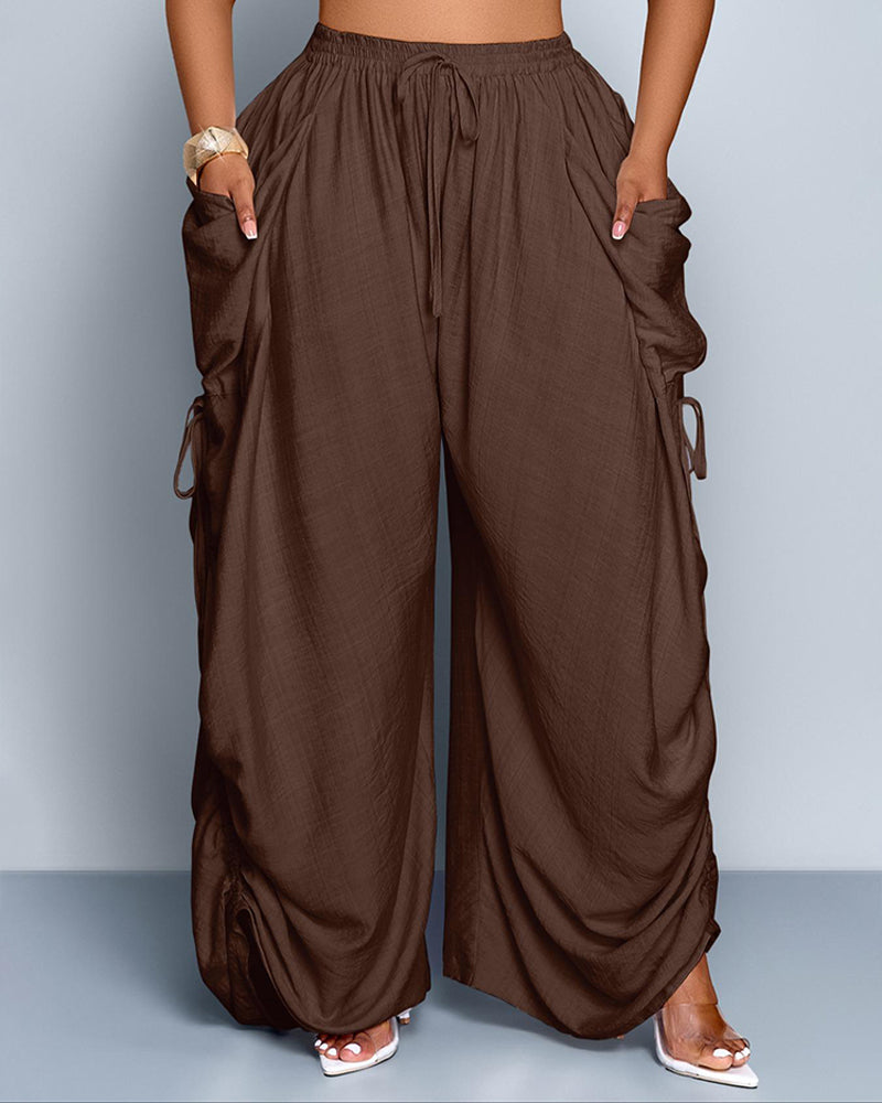 Pantalon Uni Plissé Taille Haute Large