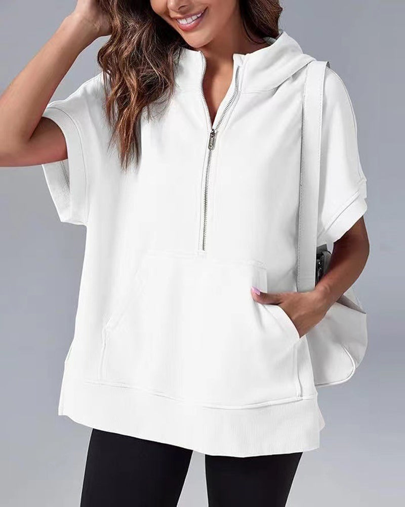 Sweat-Shirt Manches Courtes Fermeture Éclair Partielle Capuche