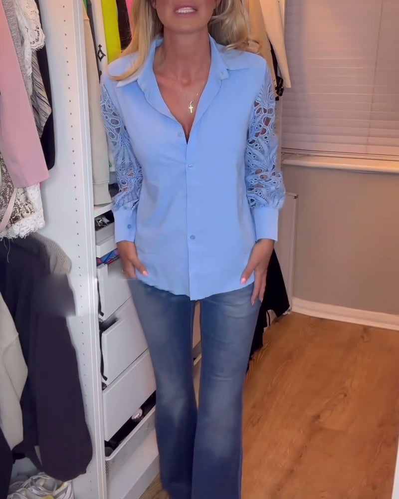 Chemise de couleur unie à manches en dentelle et revers