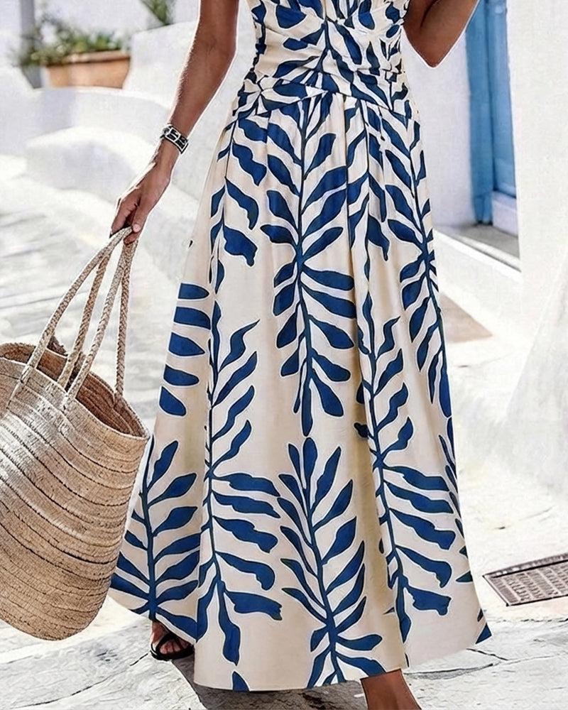 Robe Feuilles Vertes Taille Cintrée Sans Manches