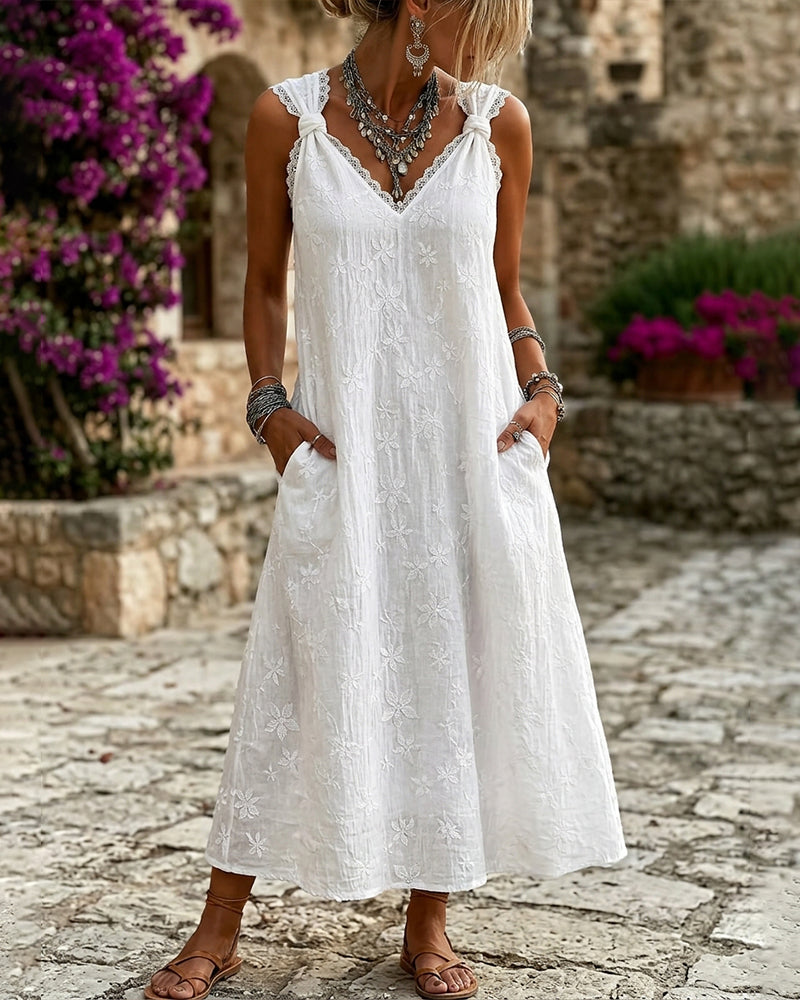 Robe Sans Manches Dentelle Nouée