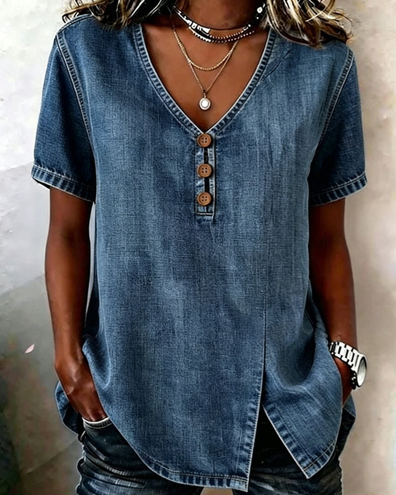 Blouse En Denim À Col En V Fendu