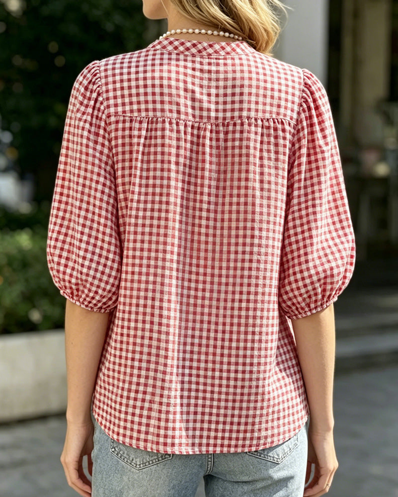 Blouse Imprimé Plaid Manche Bouffante Manches Courtes