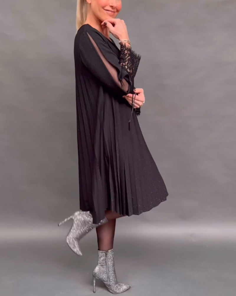 Robe plissée en dentelle patchwork de couleur unie