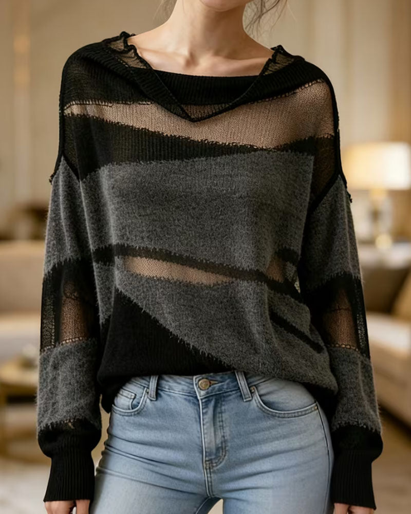Pullover Couleur Contrastante Transparent Manches Longues Pull