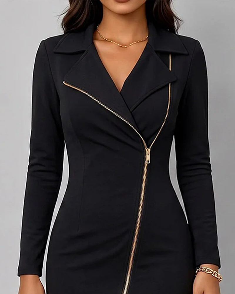 Robe Revers Diagonale Fermeture Éclair Fente