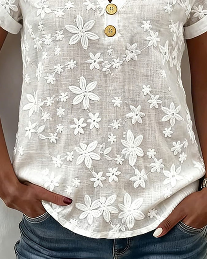 Blouse Unie 3d Fleurie Col V