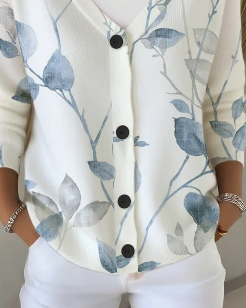 Pull Col V Bouton Feuille Imprimé