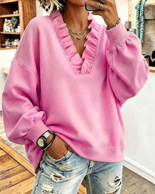 Sweatshirt Volant Col En V Épaule Tombante