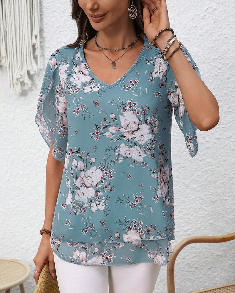 Blouse Manches Pétales Col En V Imprimée