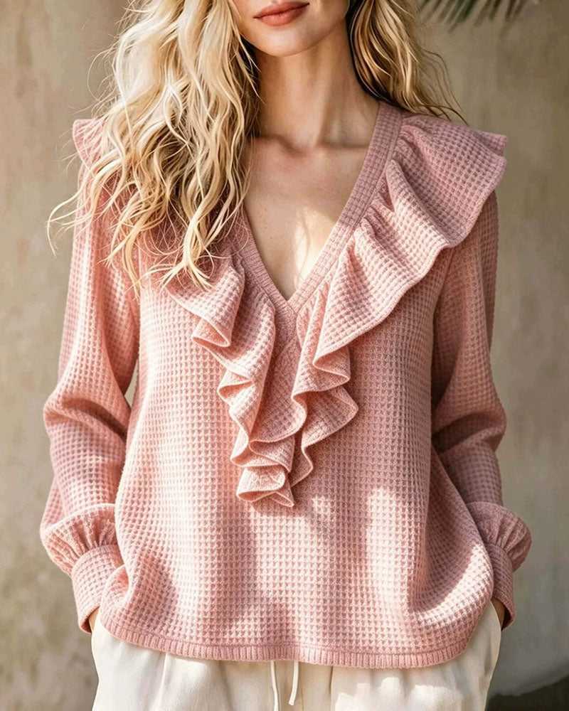 Blouse Tricot Gaufré Col En V Volant