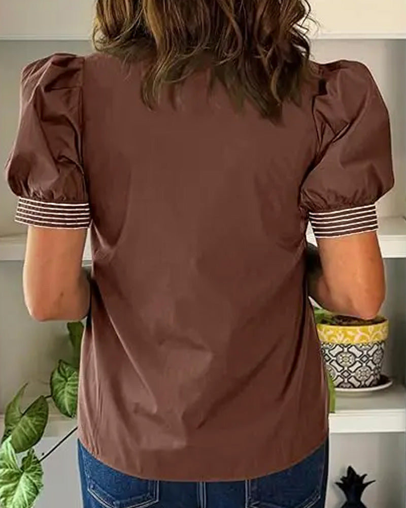 Blouse Col V Manche Bouffante Rayée