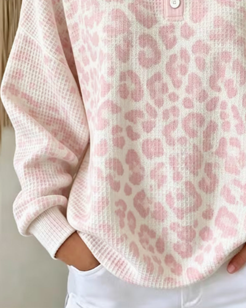 Sweatshirt Col-Rond Boutonné Léopard Décontracté