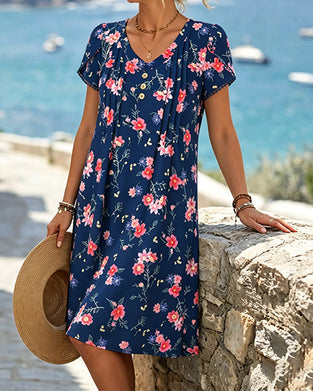 Robe Col V À Fleurs Manches Courtes