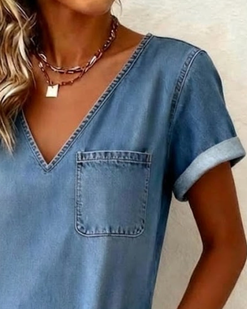 Robe Denim Col V Manches Courtes Shift