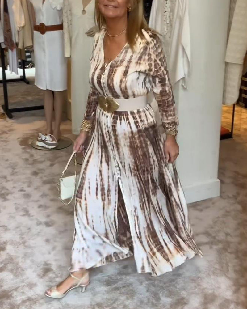 Robe imprimée taille fendue, manches longues et col en V