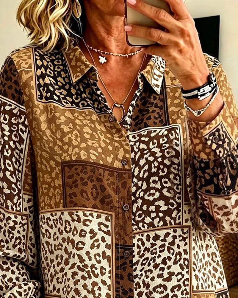 Chemise Revers Bouton Léopard À Carreaux