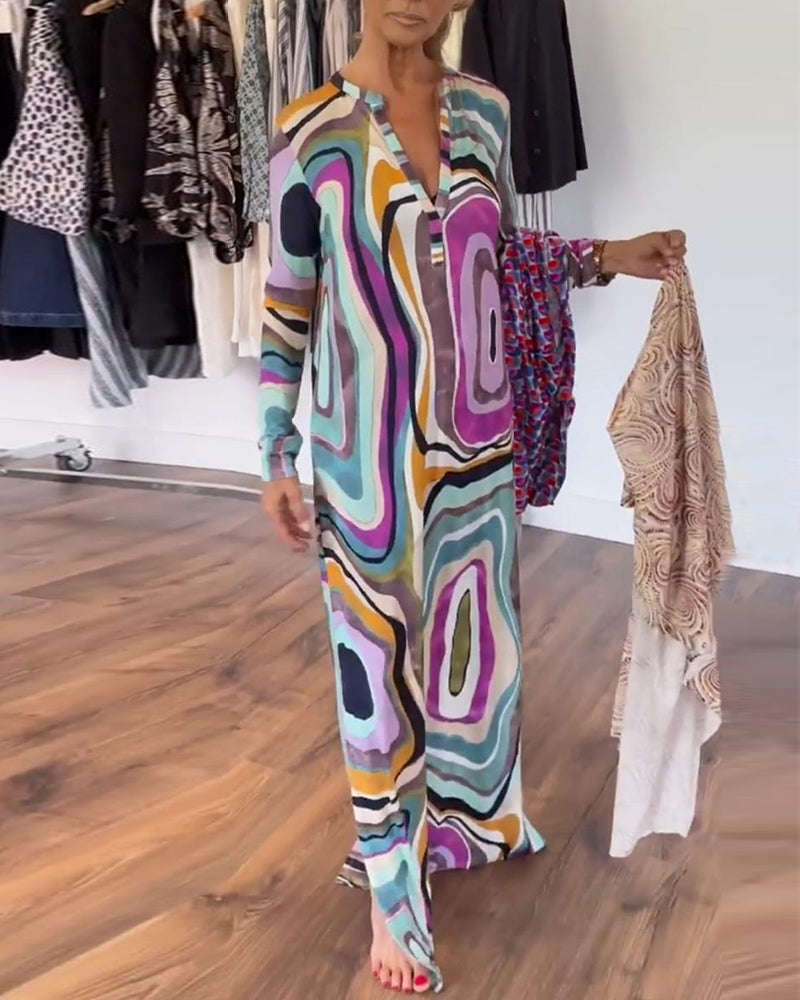 Robe longue imprimée en V profond