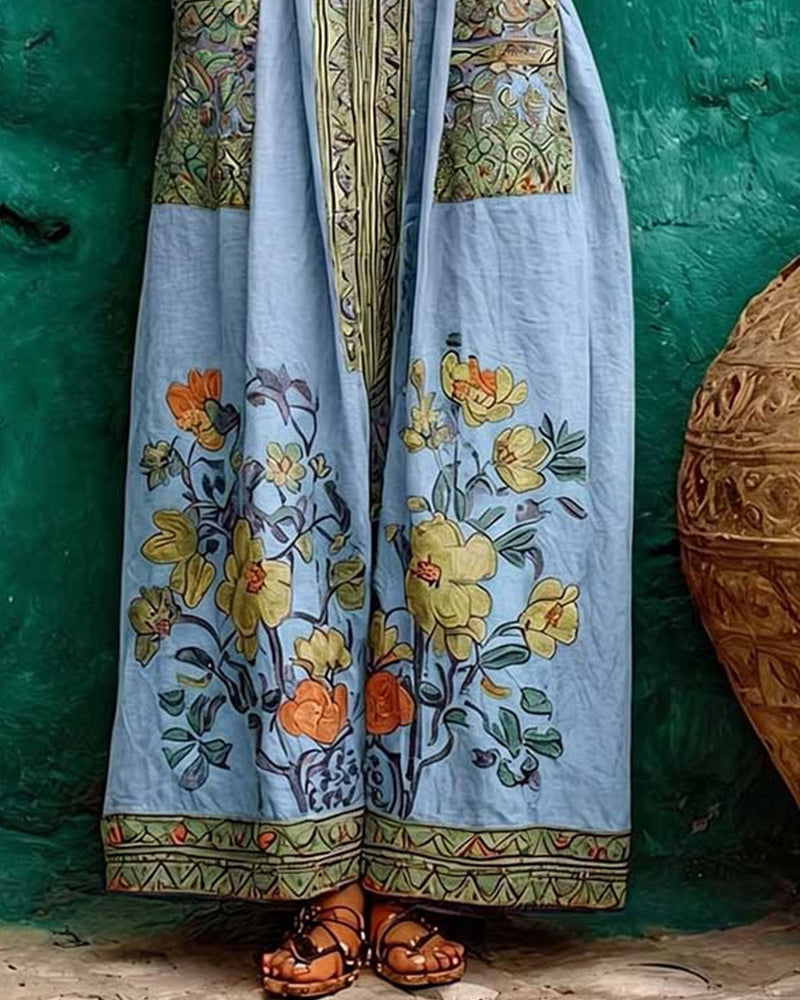 Robe Rétro Imprimé Poche Sans Manches Longue