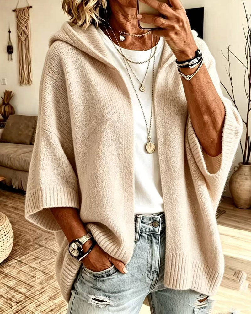 Cardigan 3/4 Manche Capuche Décontracté