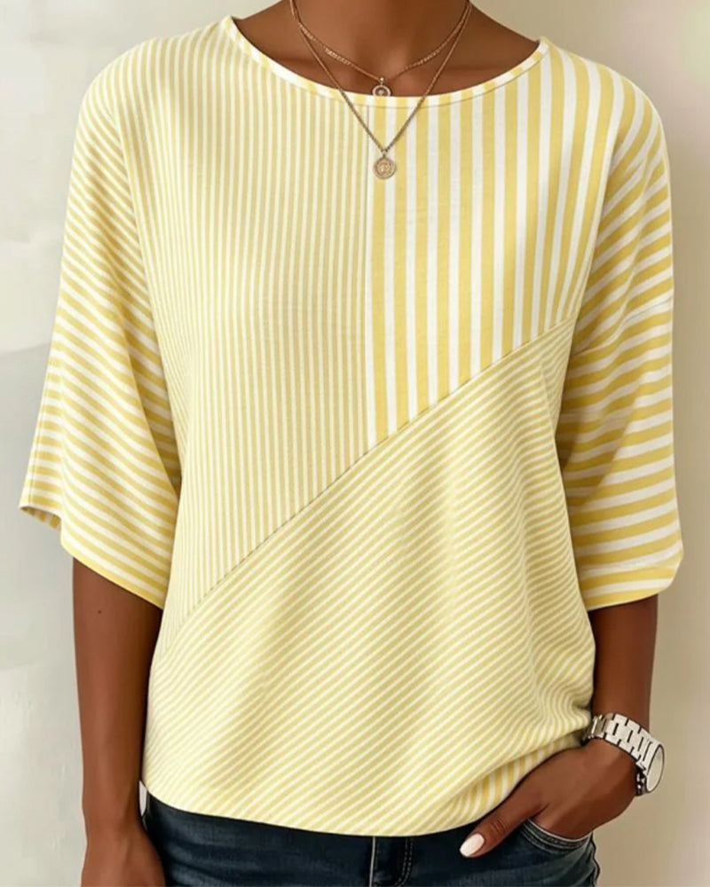 T-Shirt Rayé Col Rond Bloc De Couleur