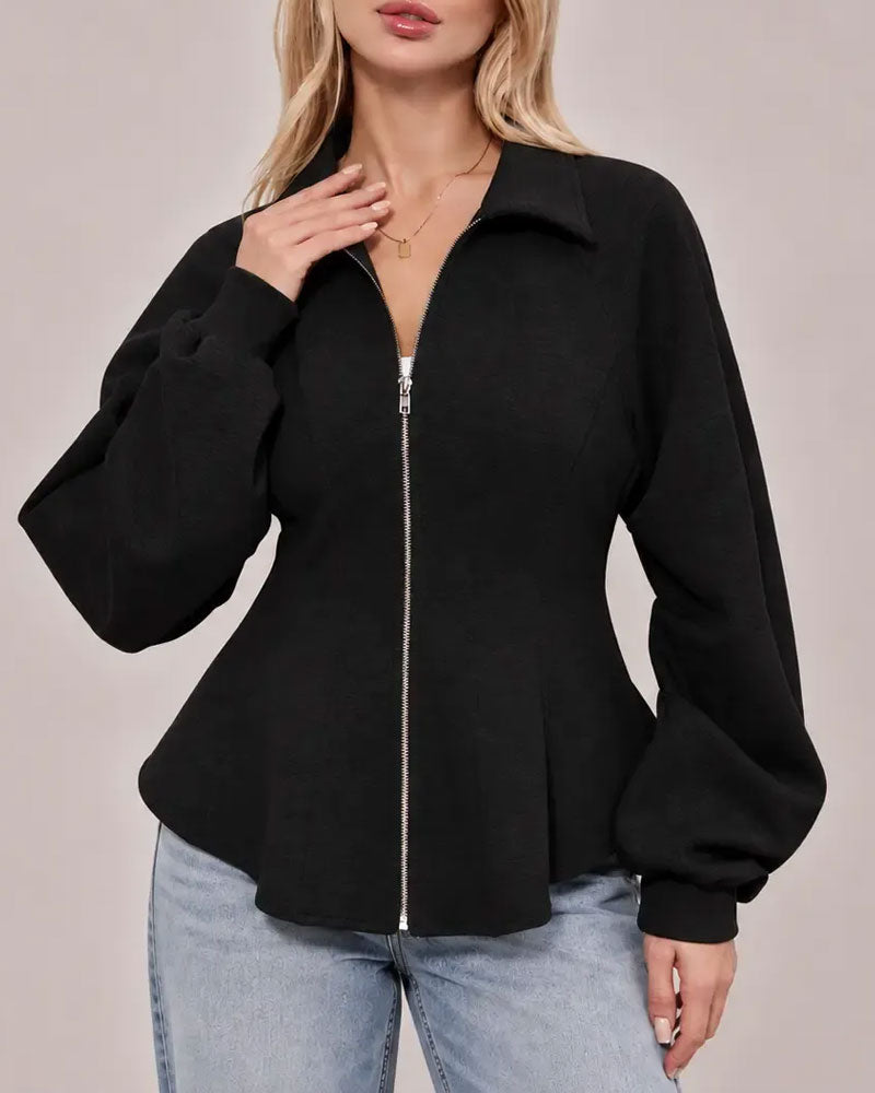 Manteau Revers Fermeture Éclair Taille Plissée