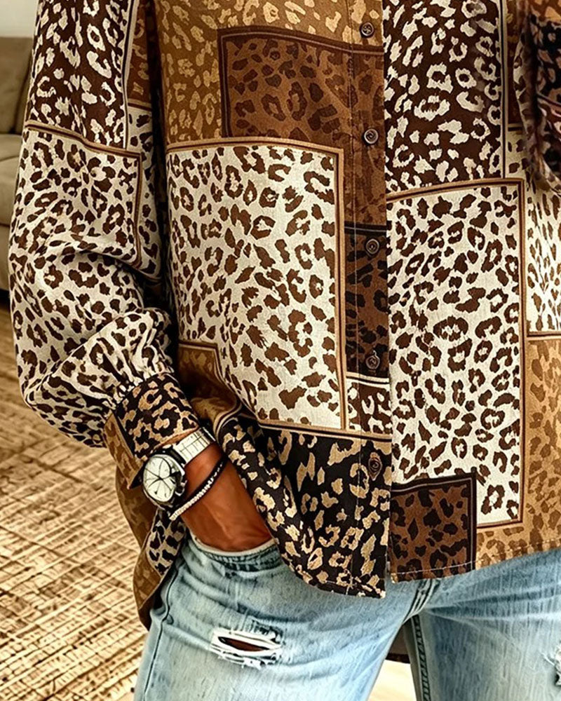 Chemise Revers Bouton Léopard À Carreaux