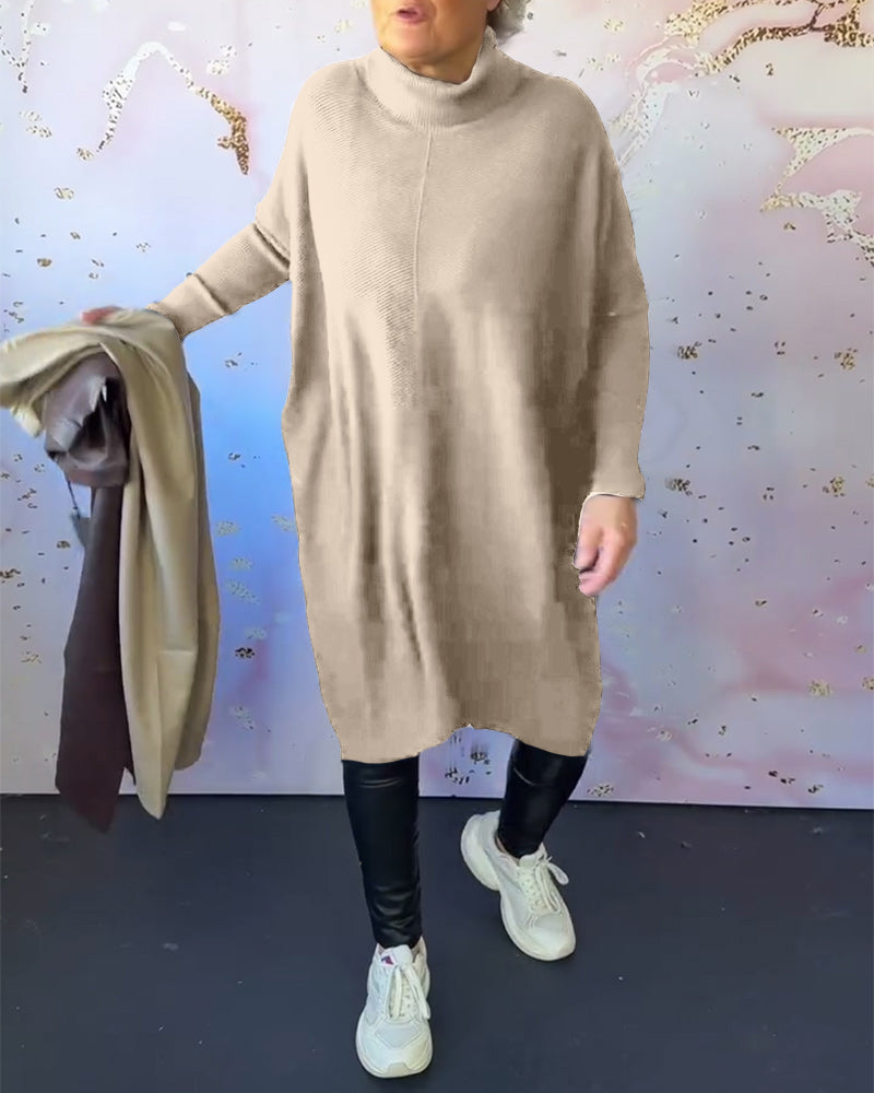 Pull décontracté à manches longues et col montant de couleur unie