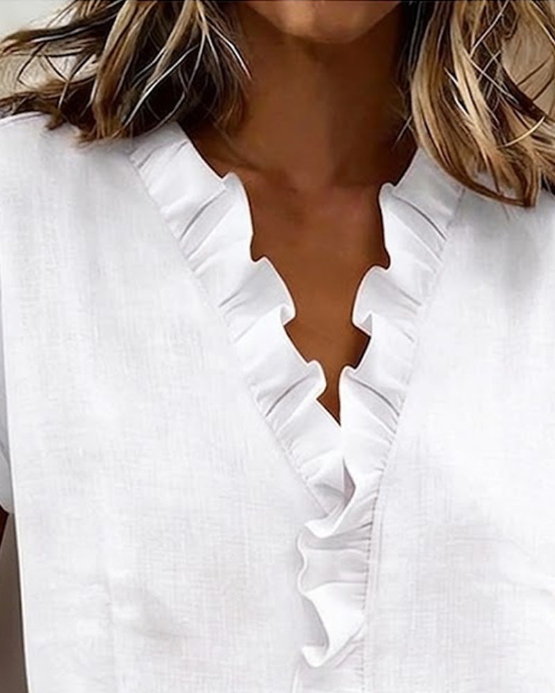 Blouse À Manches Courtes En Pur Coton Avec Col À Volants