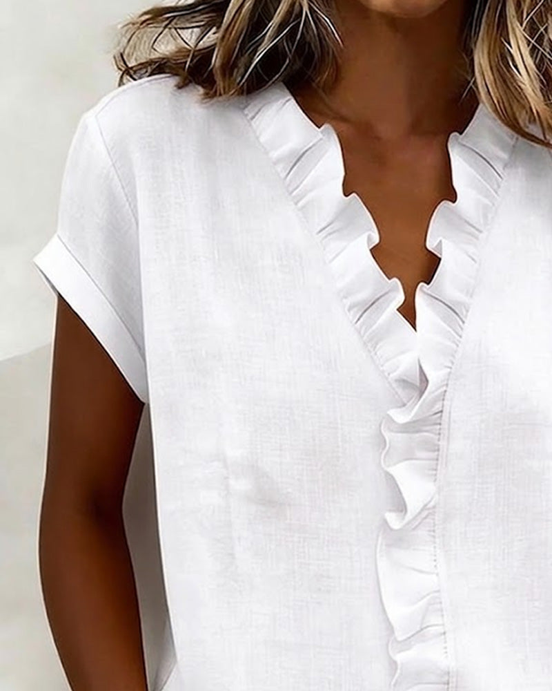 Blouse À Manches Courtes En Pur Coton Avec Col À Volants
