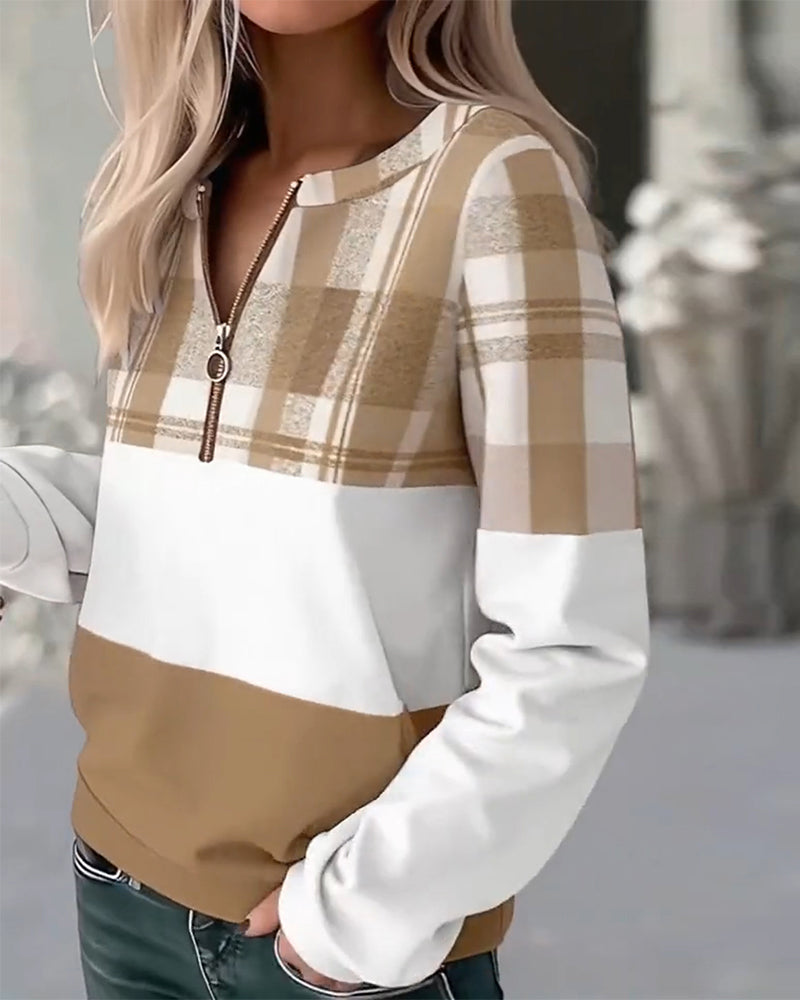Sweat Décontracté À Carreaux Couleur Contrastée
