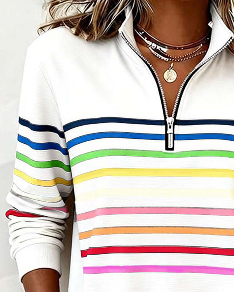 Sweat À Col Zippé À Moitié Avec Rayures Arc-En-Ciel Tendance