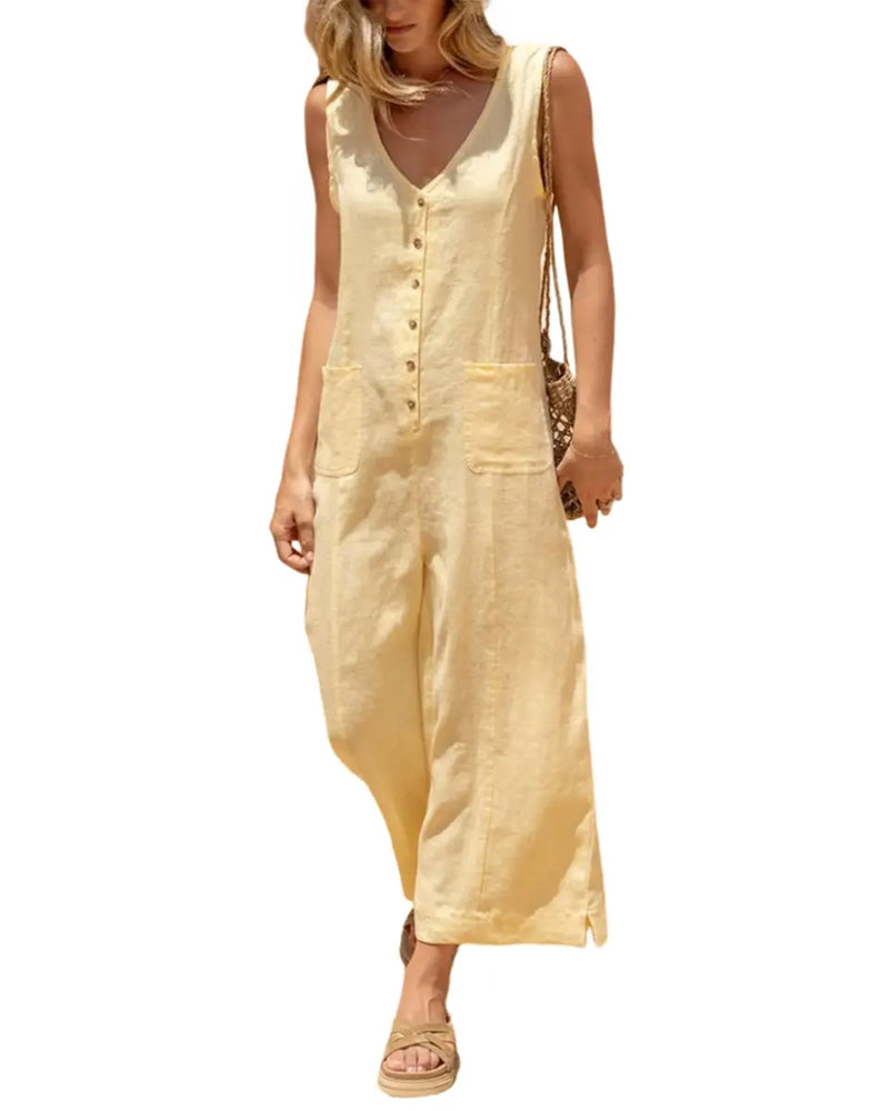 Combinaison Col En V Simple Boutonnage Sans Manches