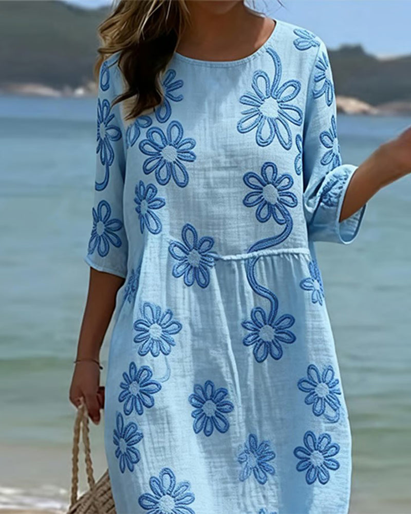 Robe Col Rond Manches Trois Quarts