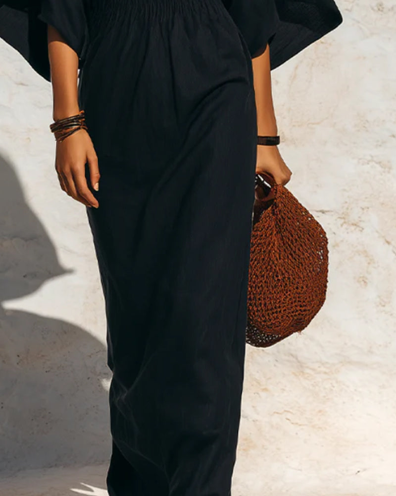 Robe Évasée Manches Chauve-Souris Taille Cintrée Longue