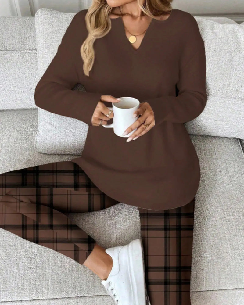Ensemble Col V Haut Unie + Pantalon Carreau Loungewear