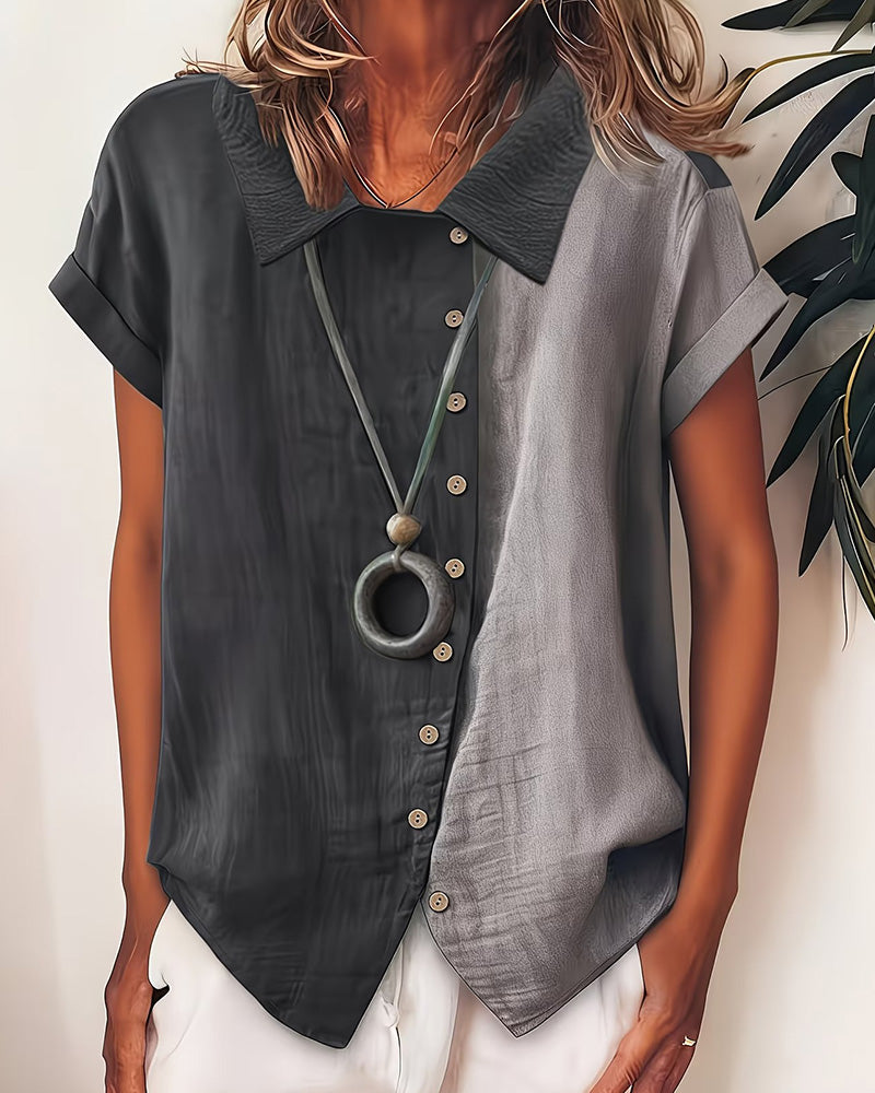 Chemise À Revers Bloc Couleur Manches Courtes