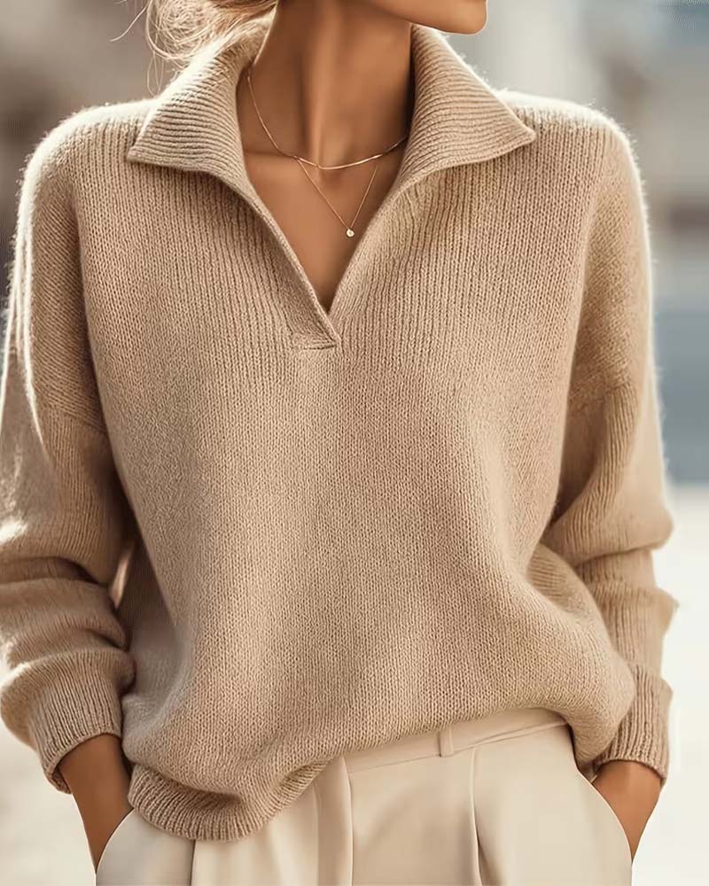 Pullover Col-Retourné Drop-Épaule Unie Manche-Longue