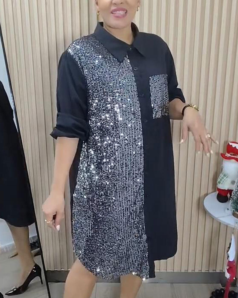 Robe Paillettes Revers Chemise