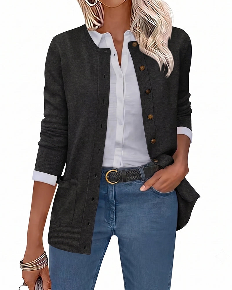 Cardigan Col Rond Bouton Manche Longue Unie