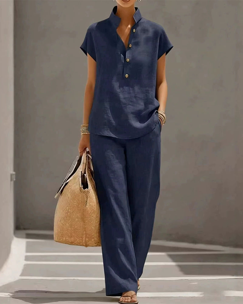 Ensemble Col Montant Bouton Manches Courtes Et Pantalon Long