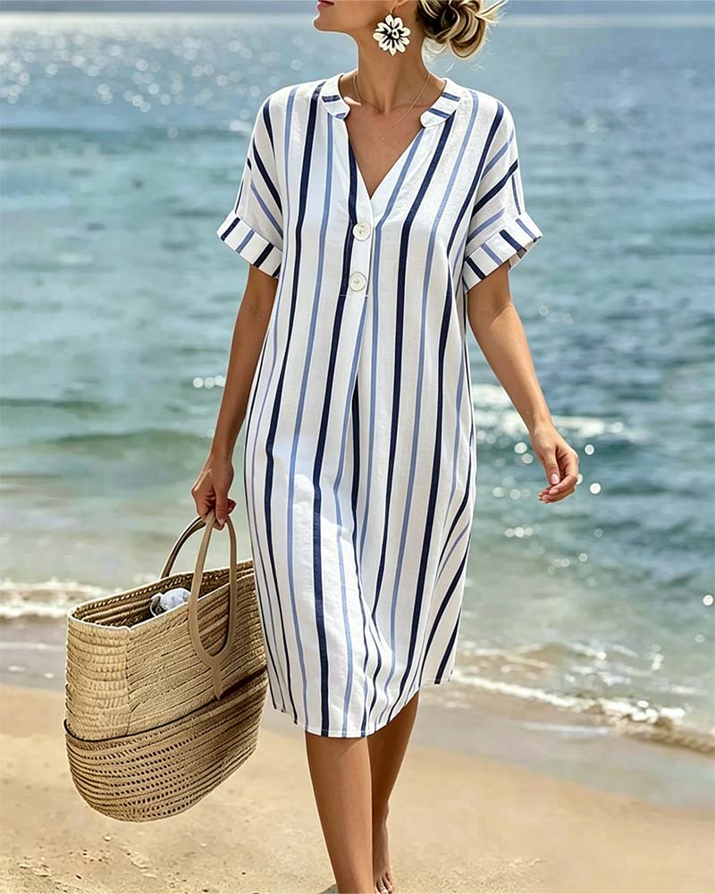 Robe Col V Rayée À Manches Courtes