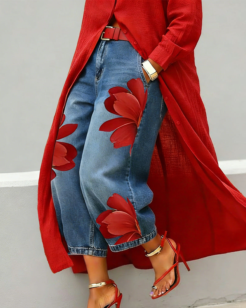 Jeans À Imprimé Floral Court Jambe Large